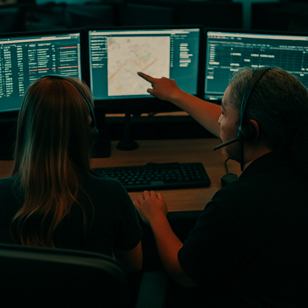 Experienced dispatcher providing one-on-one training to a new recruit while reviewing incident maps and CAD data on a triple-monitor workstation.