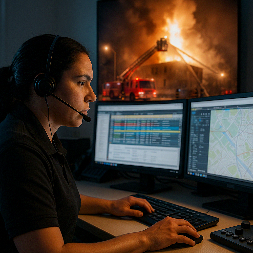 Focused fire dispatcher coordinating emergency response at a multi-monitor workstation during an active structure fire incident displayed on the wall.
