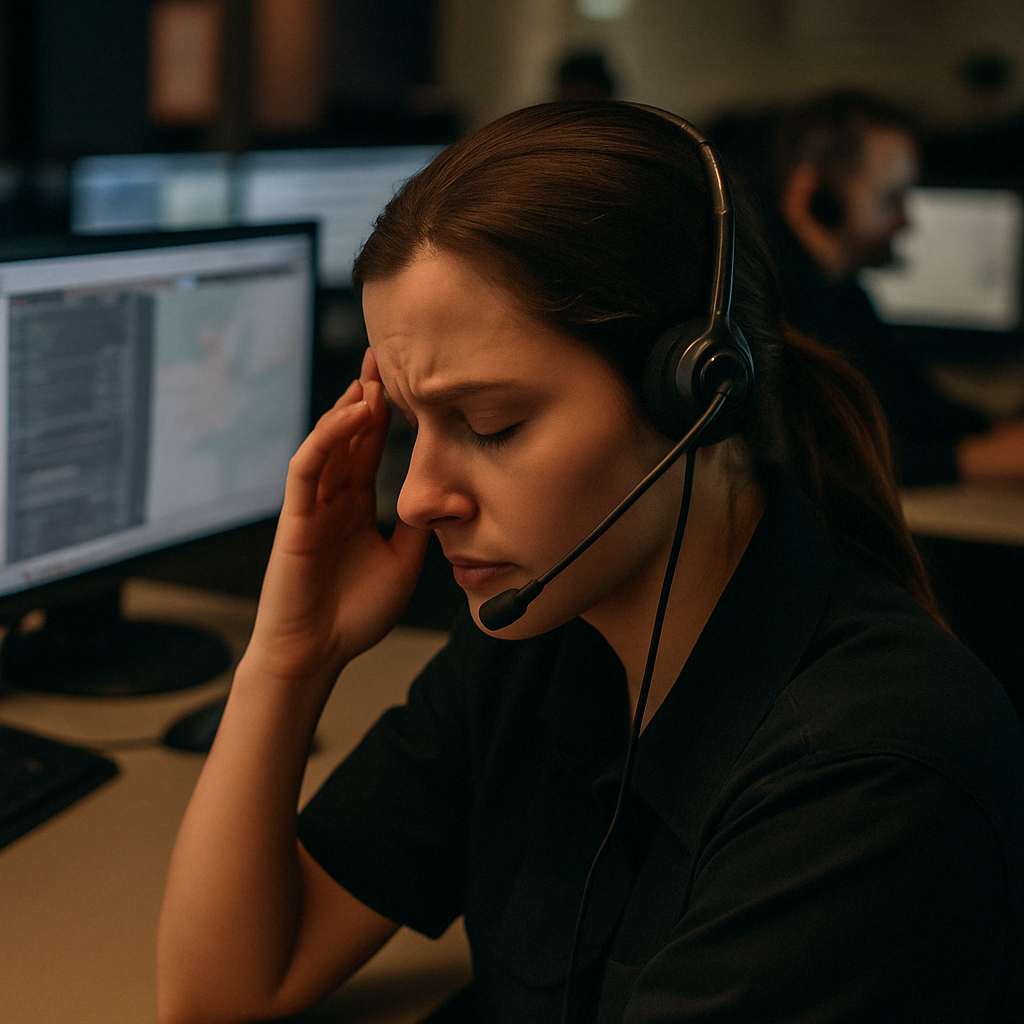 Stressed female emergency dispatcher experiencing mental fatigue during a high-pressure shift in a dimly lit communications center.