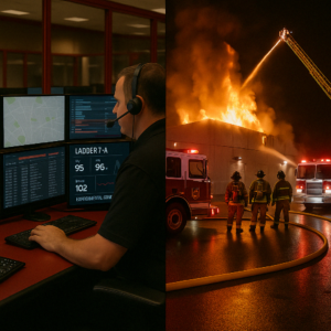 Dispatcher coordinating emergency response from fire communications center as firefighters battle a large commercial building blaze at night.
