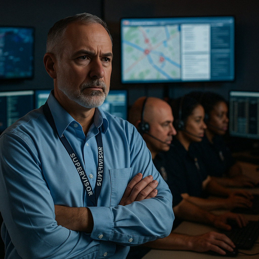 A composed dispatch supervisor observes calmly as a team of emergency dispatchers works at their consoles in a dimly lit communications center.