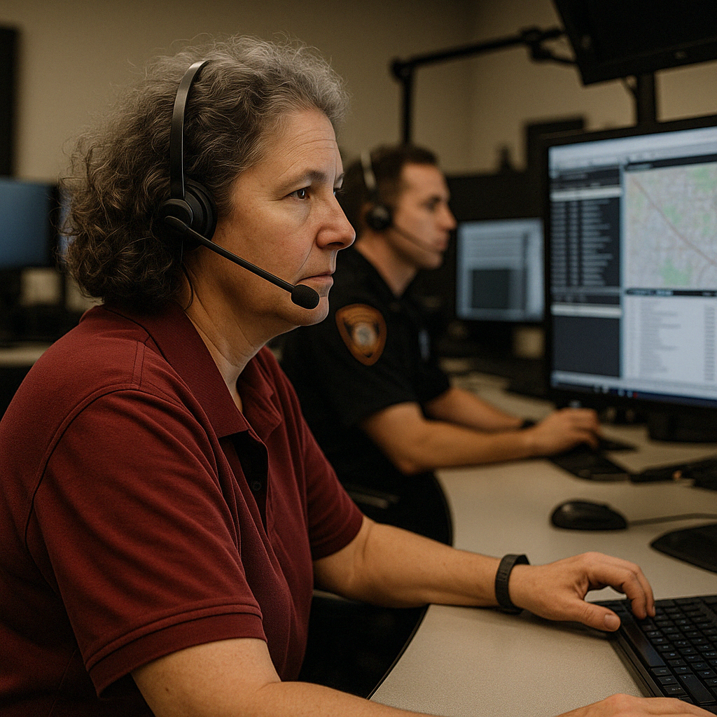 Focused emergency dispatchers working side by side at communication consoles