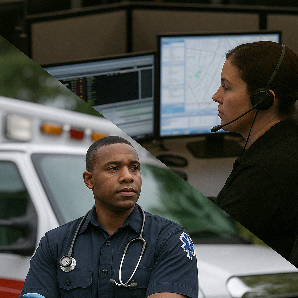 Split-screen image of EMT and dispatcher working in coordination