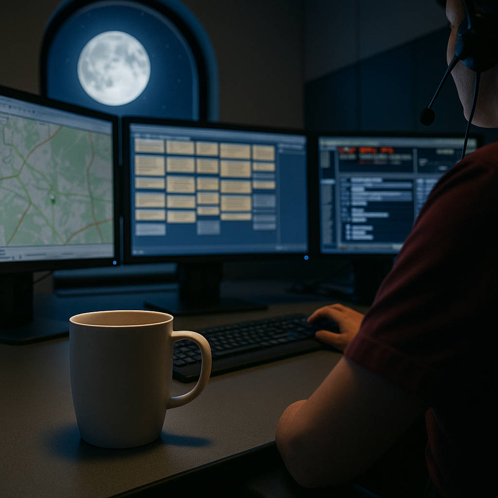 Night shift dispatcher working at console with full moon in background