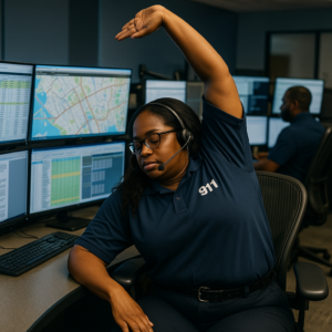 Dispatcher stretching at console during break in 911 communications center
