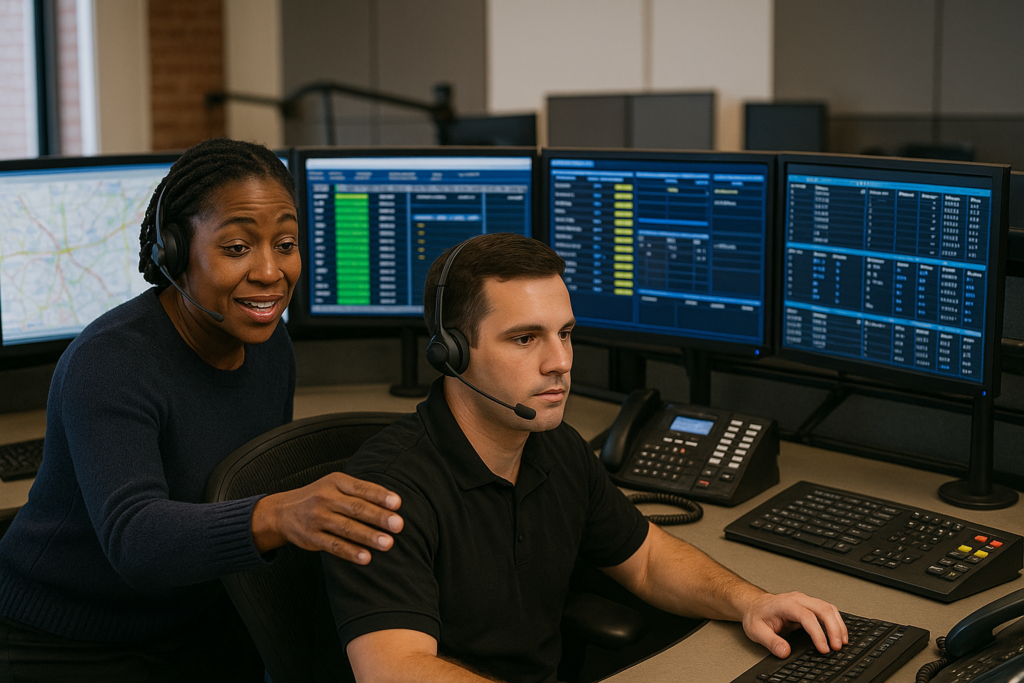 CTO coaching dispatcher at emergency communications workstation