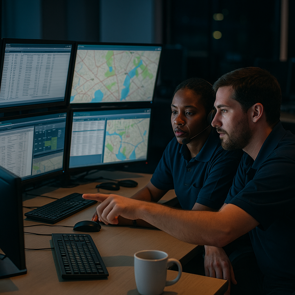 Two dispatchers reviewing incident data and maps during night shift