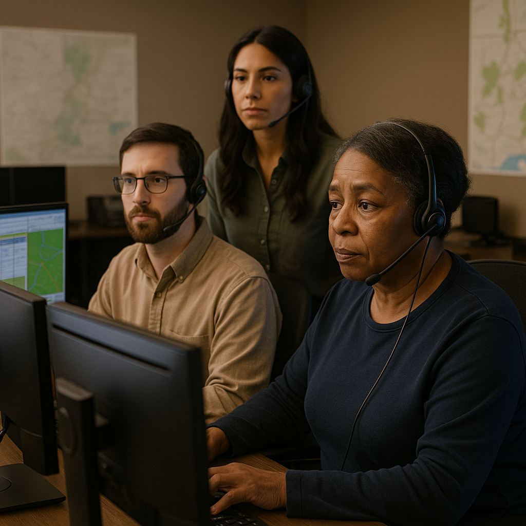 Diverse team of emergency dispatchers collaborating at workstations