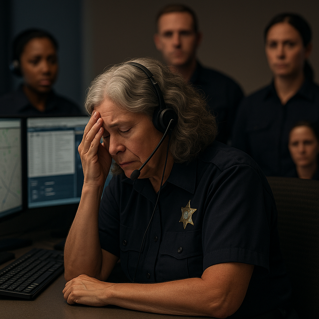 Stressed dispatcher with head in hand surrounded by supportive team