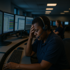 Dispatcher experiencing stress at multi-monitor console during call
