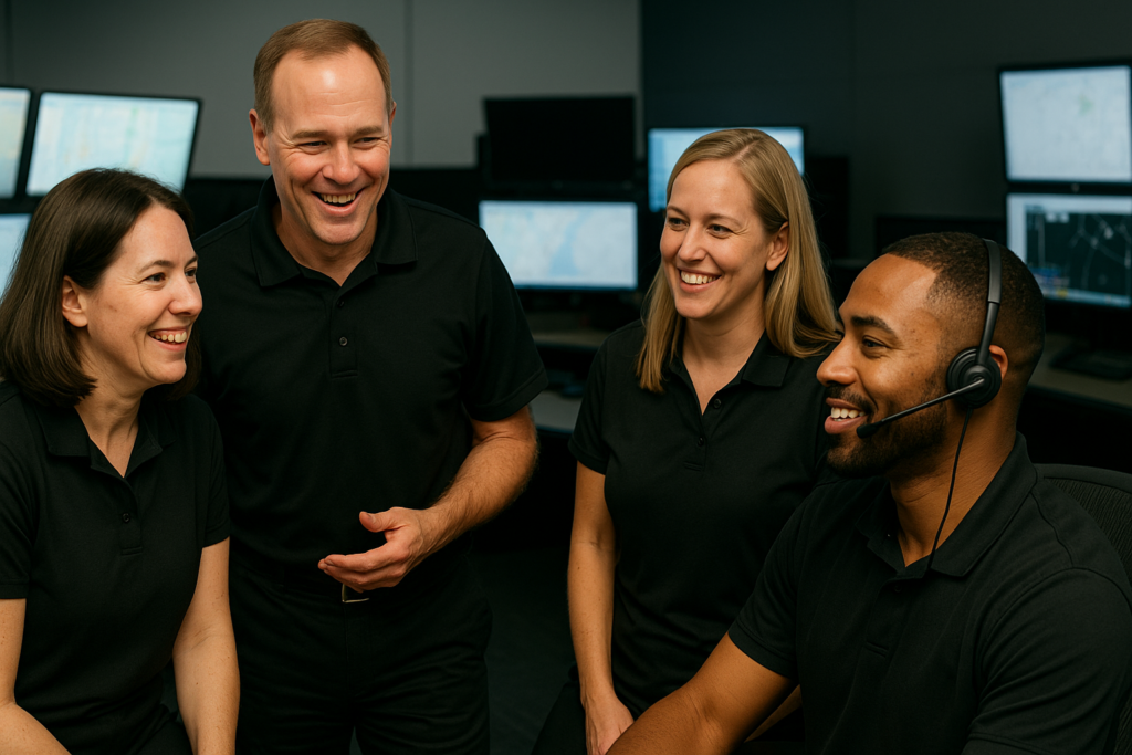 Communications training officer mentoring a diverse group of dispatchers in a collaborative emergency communications center environment.