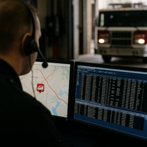 Fire dispatcher tracking vehicle location on AVL and CAD monitors