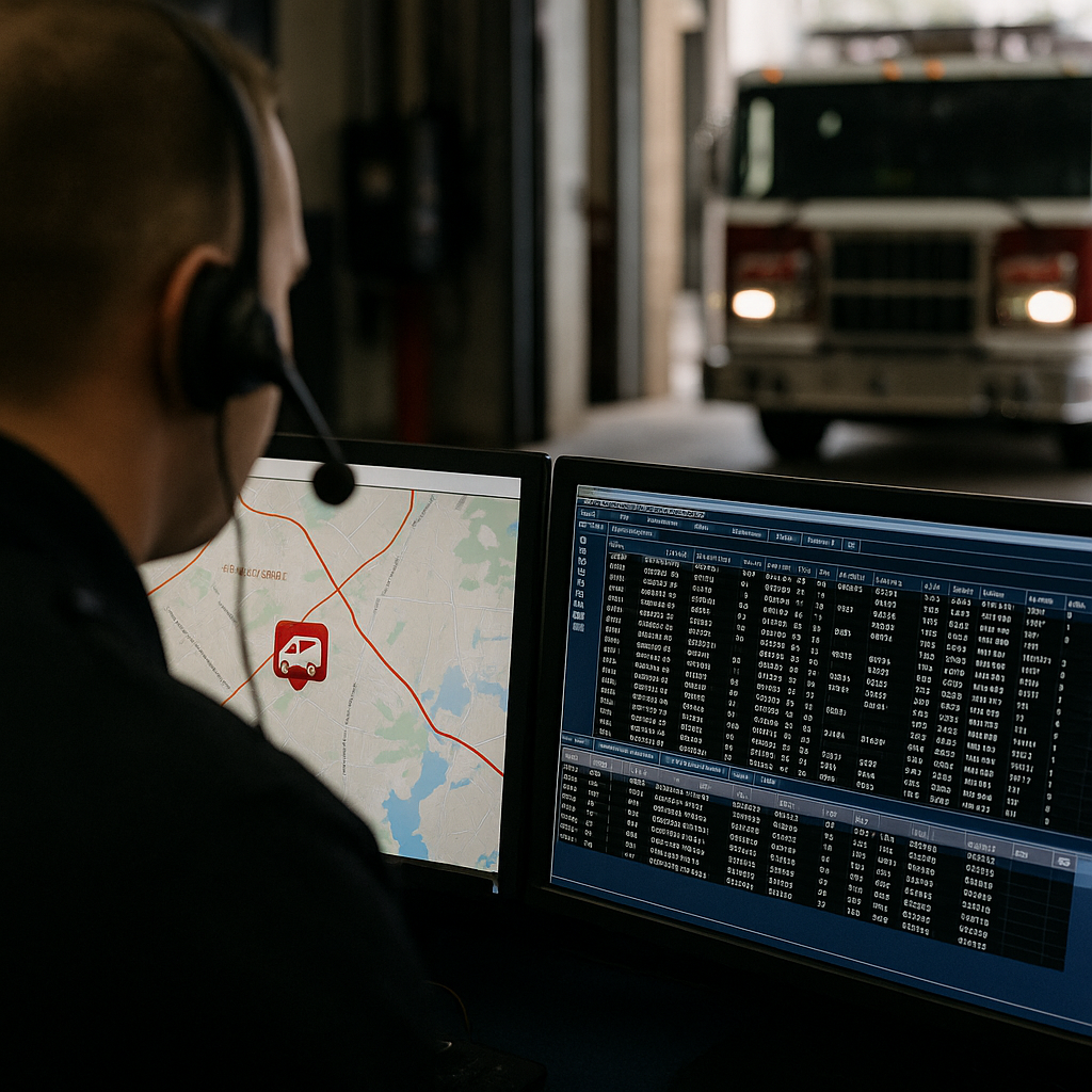 Fire dispatcher tracking vehicle location on AVL and CAD monitors