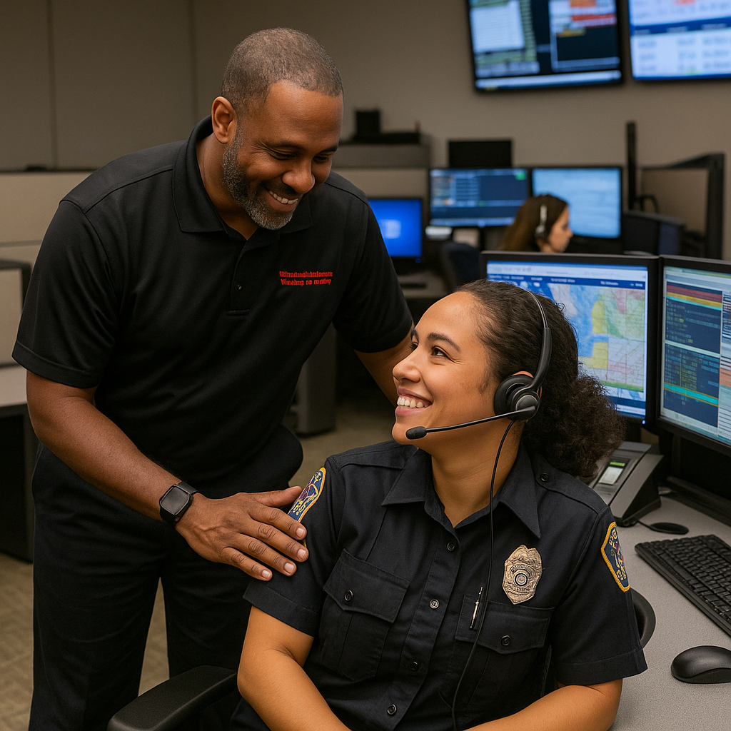 Supervisor encouraging dispatcher with a supportive gesture during shift