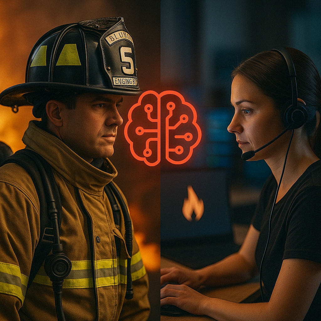 Split-screen image of firefighter and dispatcher facing each other with a glowing brain-shaped tech icon between them, symbolizing intelligent collaboration in emergency response.