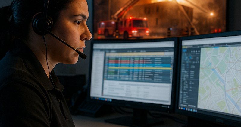 Focused fire dispatcher coordinating emergency response at a multi-monitor workstation during an active structure fire incident displayed on the wall.