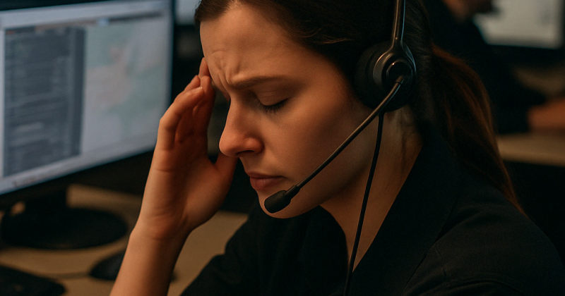 Stressed female emergency dispatcher experiencing mental fatigue during a high-pressure shift in a dimly lit communications center.