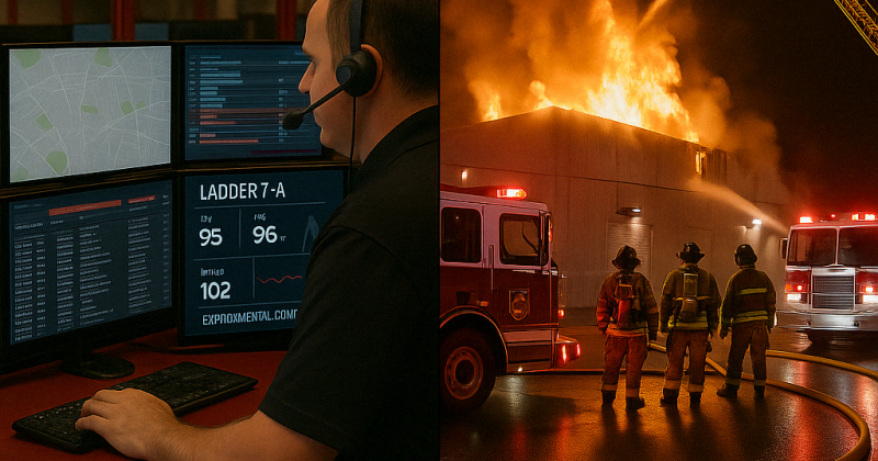 Dispatcher coordinating emergency response from fire communications center as firefighters battle a large commercial building blaze at night.
