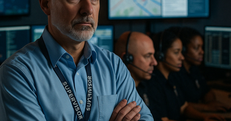 A composed dispatch supervisor observes calmly as a team of emergency dispatchers works at their consoles in a dimly lit communications center.