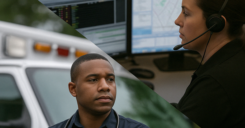 Split-screen image of EMT and dispatcher working in coordination