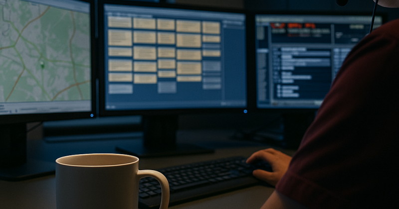 Night shift dispatcher working at console with full moon in background