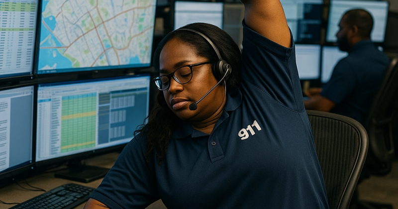 Dispatcher stretching at console during break in 911 communications center