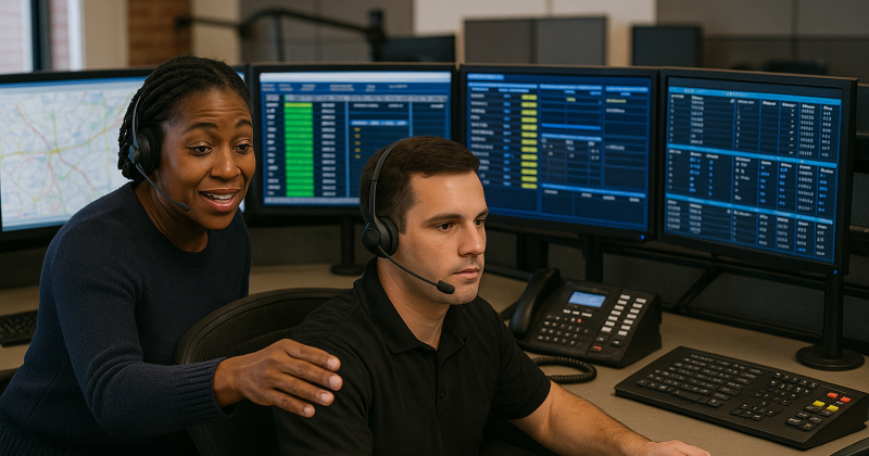 CTO coaching dispatcher at emergency communications workstation
