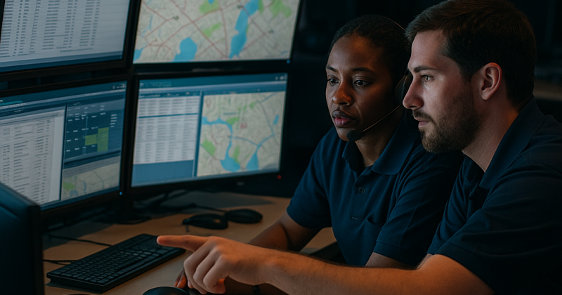 Two dispatchers reviewing incident data and maps during night shift