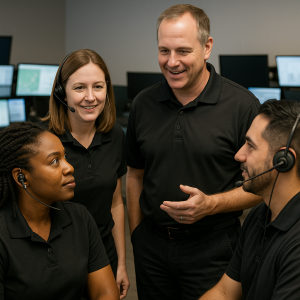 Communications training officer coaching dispatch team at workstations