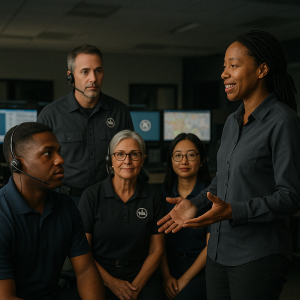 Supervisor leading diverse dispatch team meeting in communications center