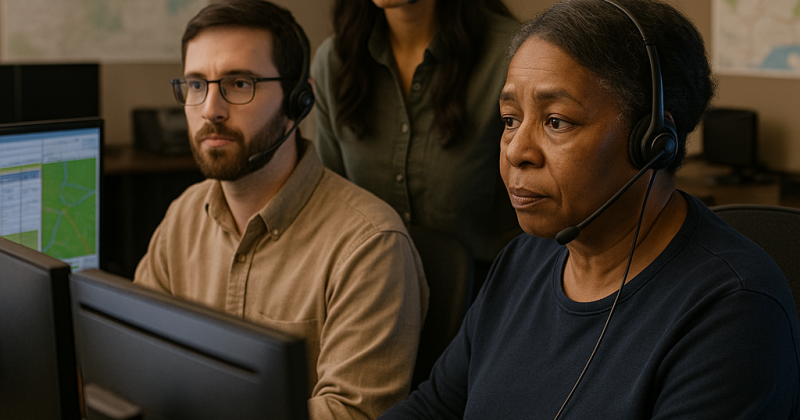 Diverse team of emergency dispatchers collaborating at workstations