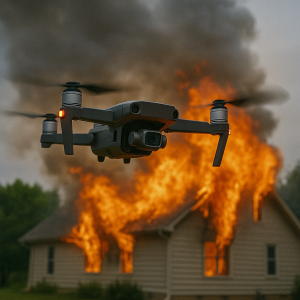Firefighting drone surveying a house engulfed in flames