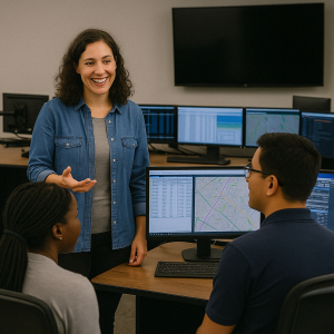 Trainer engaging with new dispatchers in a communications center