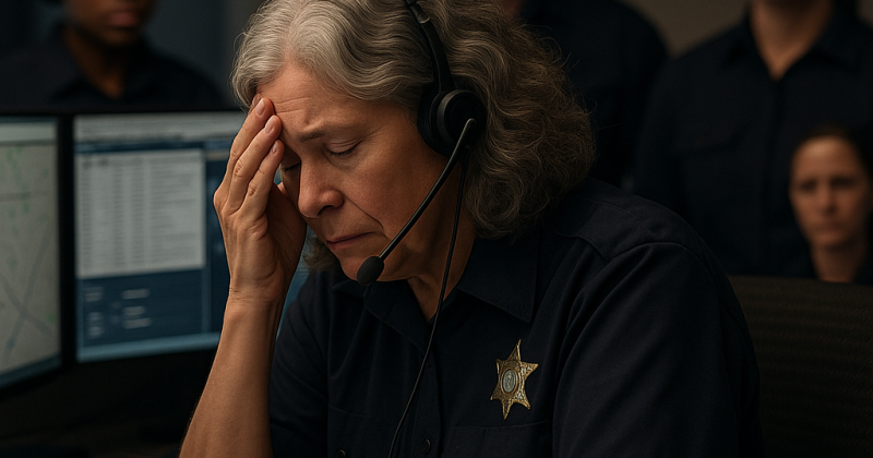 Stressed dispatcher with head in hand surrounded by supportive team