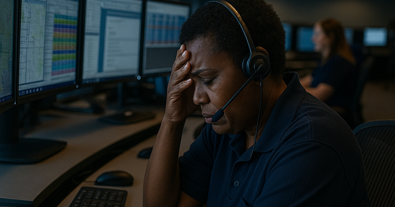 Dispatcher experiencing stress at multi-monitor console during call