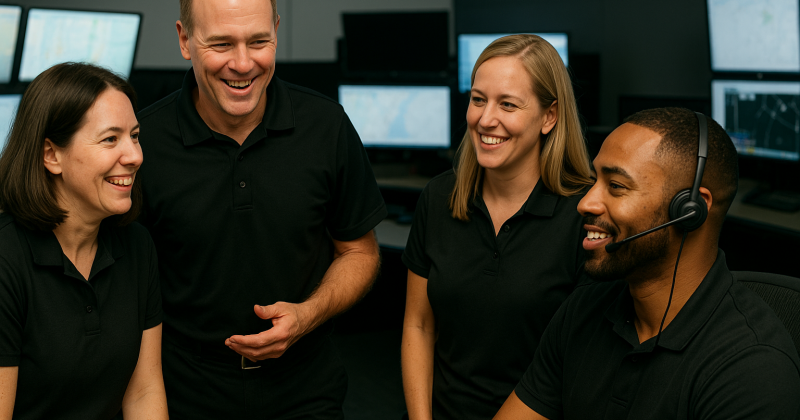 Communications training officer mentoring a diverse group of dispatchers in a collaborative emergency communications center environment.