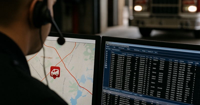 Fire dispatcher tracking vehicle location on AVL and CAD monitors