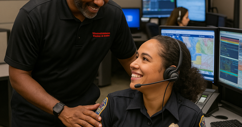Supervisor encouraging dispatcher with a supportive gesture during shift