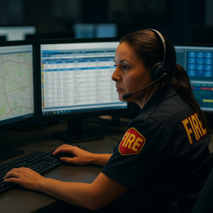 Female fire dispatcher wearing a headset, monitoring emergency response systems on multiple computer screens.