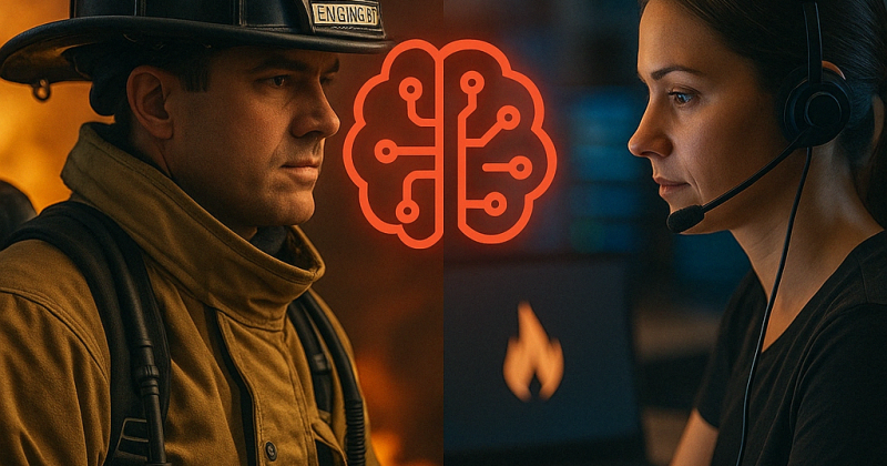 Split-screen image of firefighter and dispatcher facing each other with a glowing brain-shaped tech icon between them, symbolizing intelligent collaboration in emergency response.